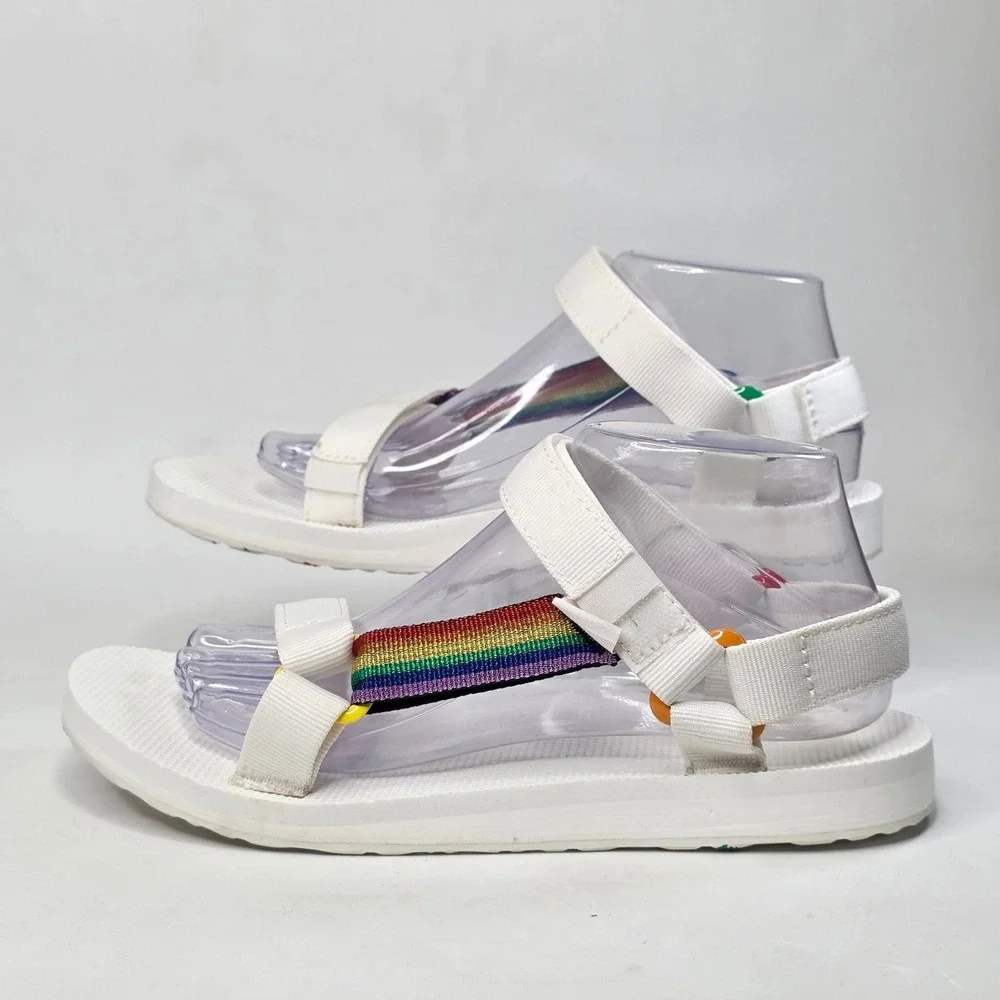 Teva Original Universal Pride Sandals Women's Size 9 White Rainbow Straps Shoes